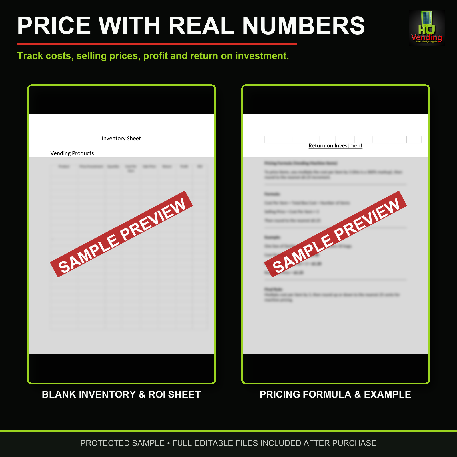 Protected preview of the inventory sheet and ROI pricing formula