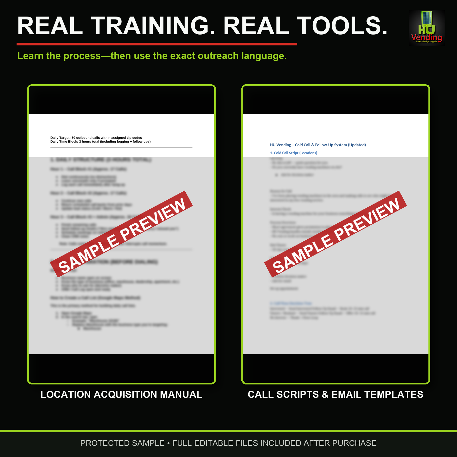 Protected preview of the location acquisition manual, call scripts, and email templates